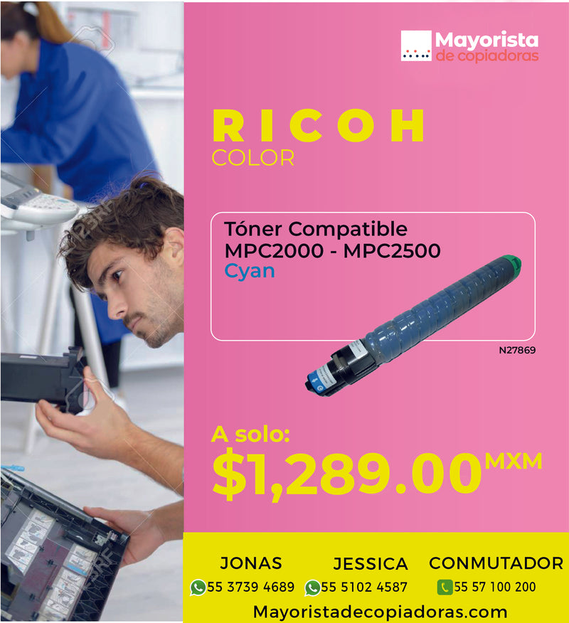 Cartucho de Tóner Ricoh Cyan Compatible MPC2000, MPC2500, MPC3000, 888639