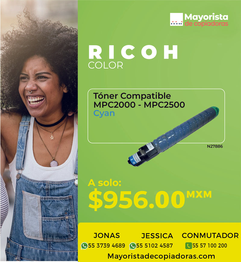 Cartucho de Tóner Ricoh  Cyan Compatible MPC2000, MPC2500, MPC3000, 888639